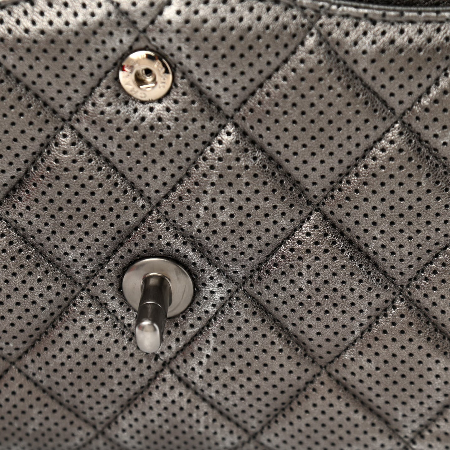 Metallic Perforated Lambskin Quilted Jumbo Double Flap Dark Silver