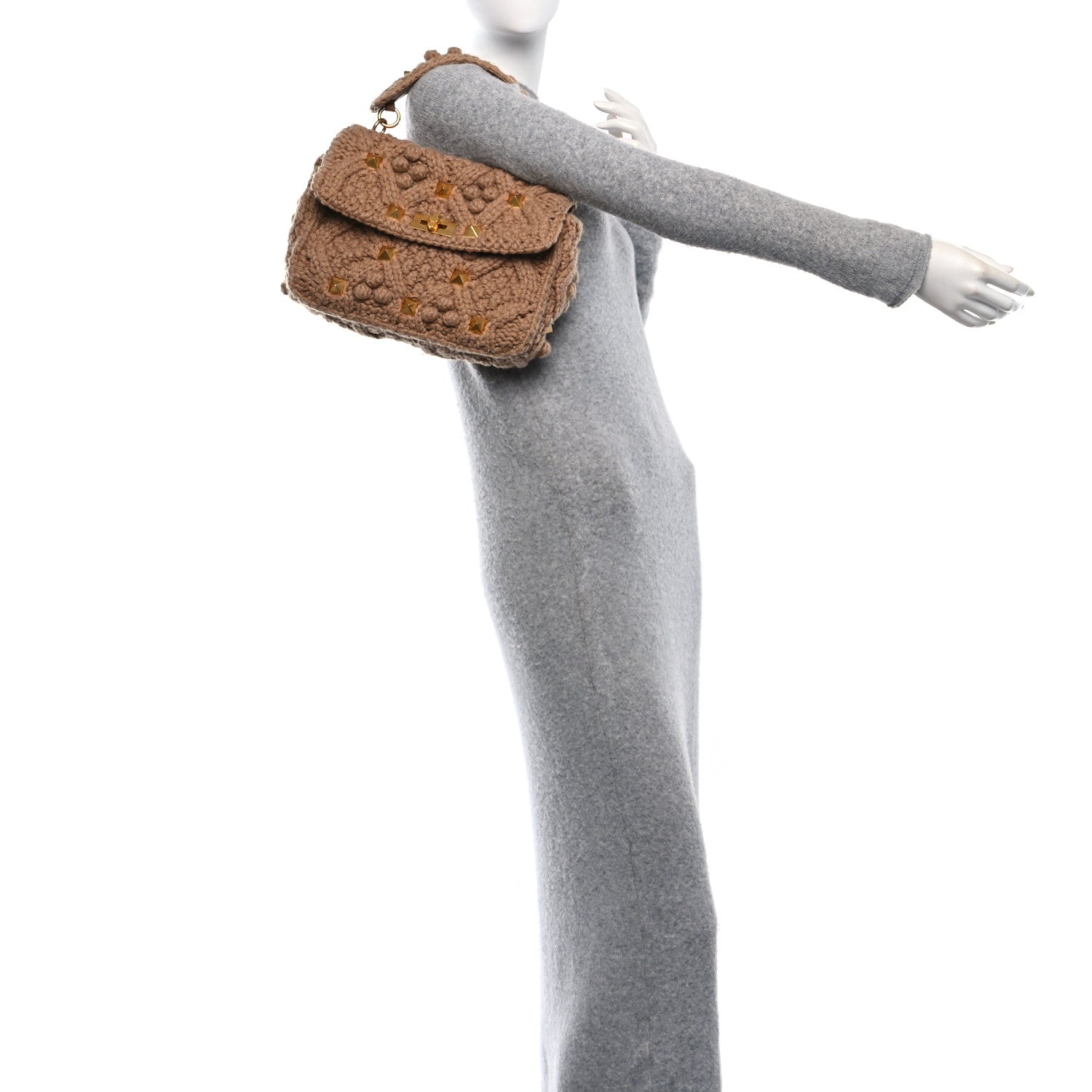Valentino Garavani Cashmere Large Roman Stud Shoulder Bag Beige 2 of 9