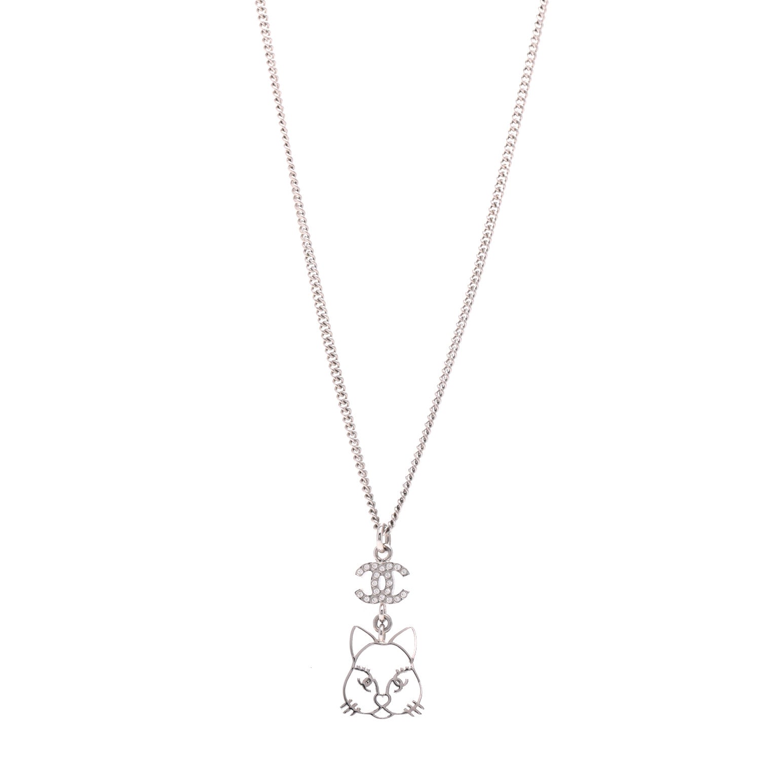 Chanel Crystal Emoji Choupette Cat Pendant Necklace Silver 1 of 5