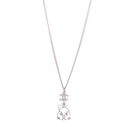 Chanel Crystal Emoji Choupette Cat Pendant Necklace Silver 1 of 5