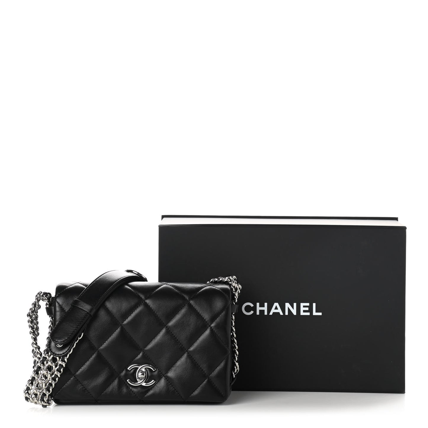 Lambskin Quilted Small Chain Rows Flap Black