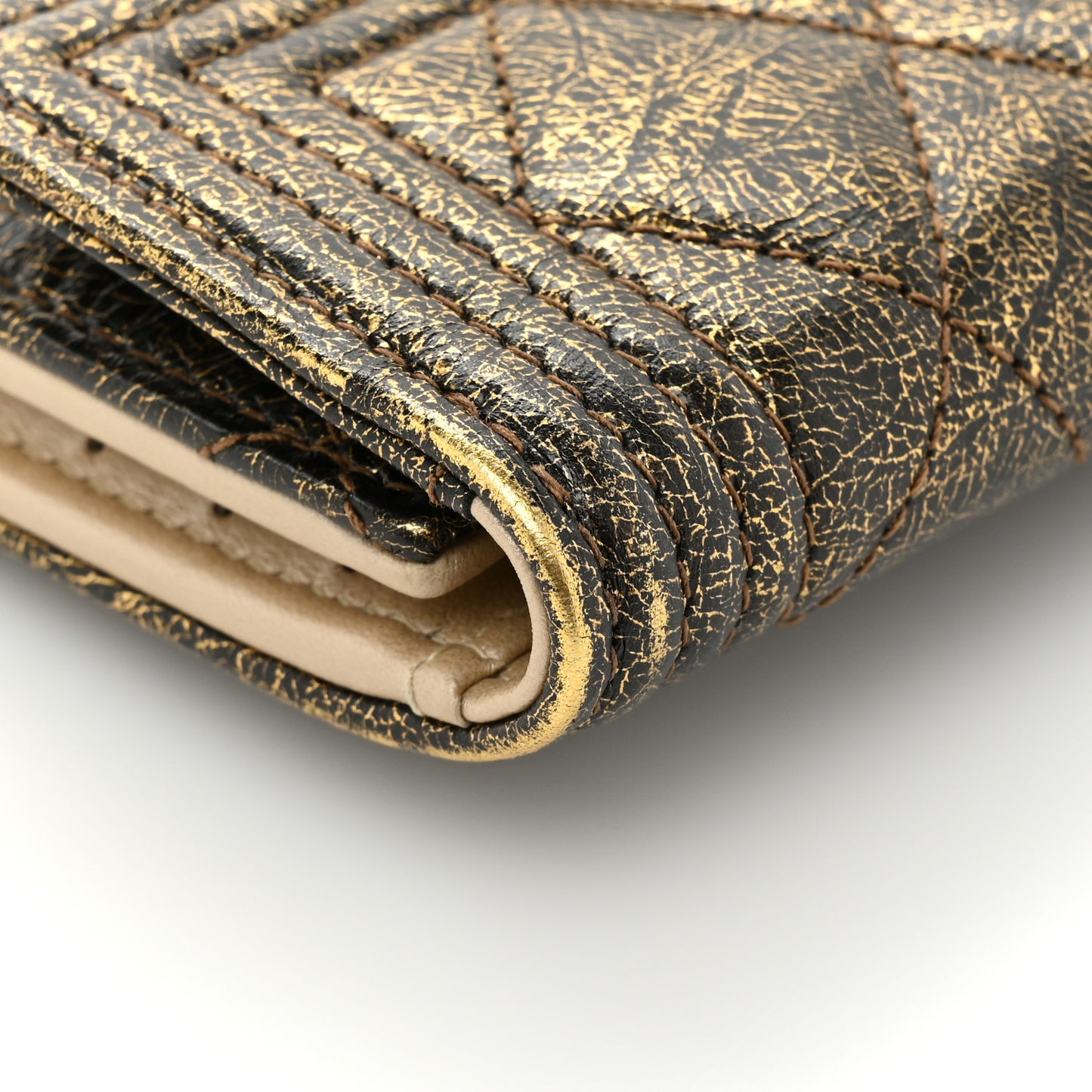 Cracked Metallic Calfskin Quilted Compact Boy Wallet Gold