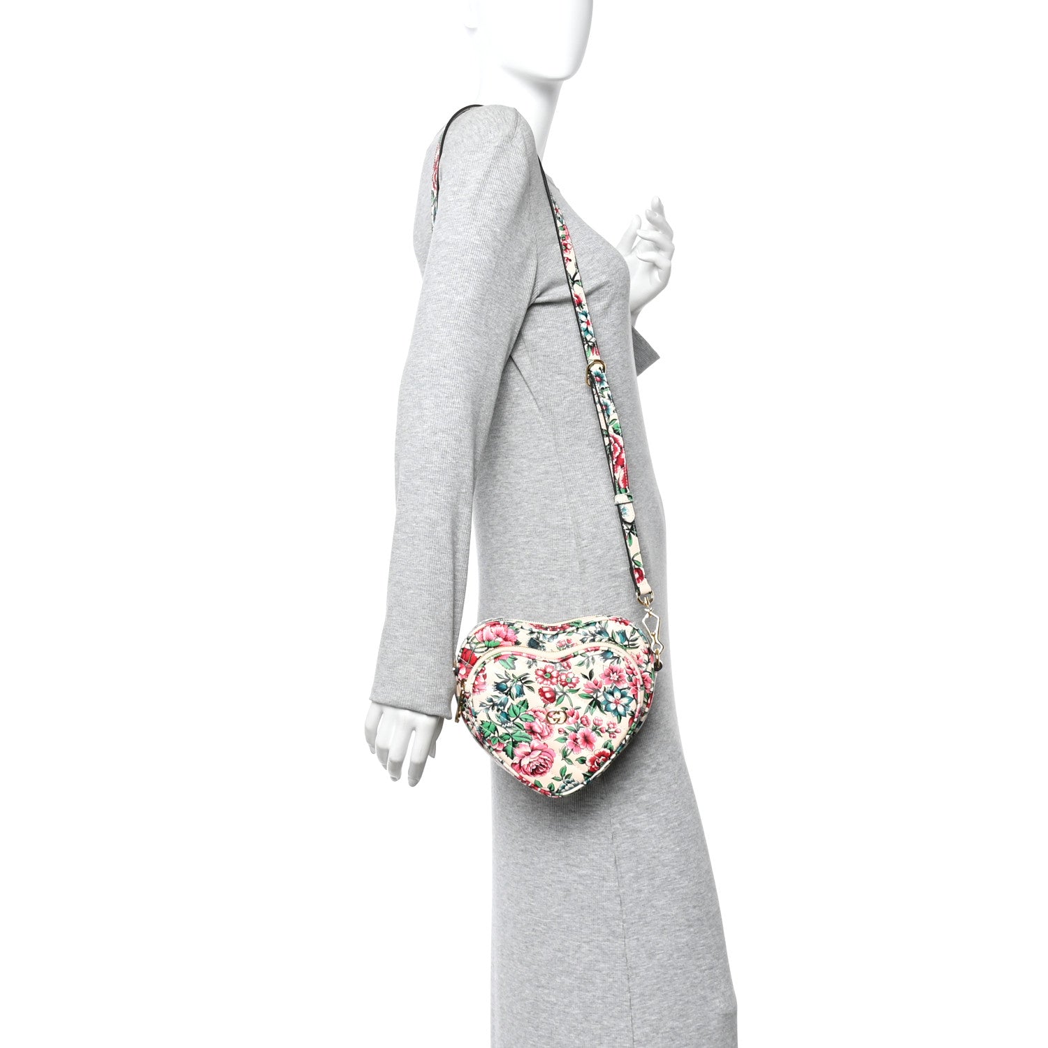 Gucci Calfskin Matelasse Diagonal Brit Roses Print Mini Interlocking G Heart Shoulder Bag  White Multicolor 2 of 12
