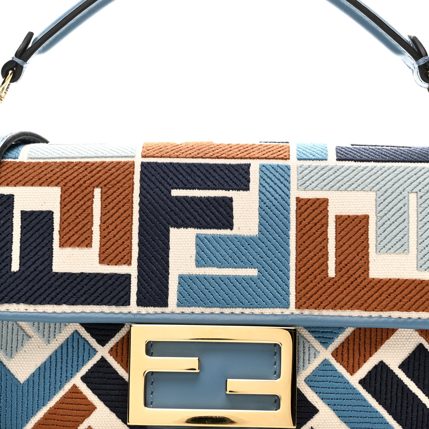 Fendi Canvas Vitello King Seta FF Embroidered Mini Baguette Blue Multicolor 8 of 11