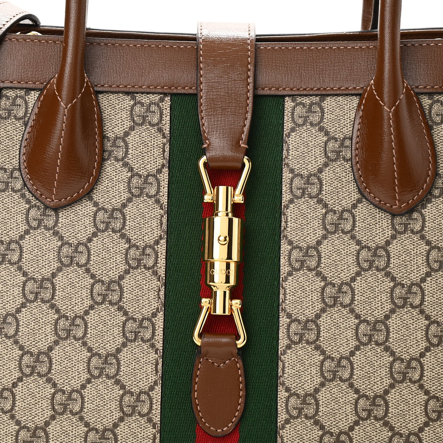 GG Supreme Monogram Azalea Calfskin Web Medium Jackie 1961 Tote Beige Ebony Brown Sugar