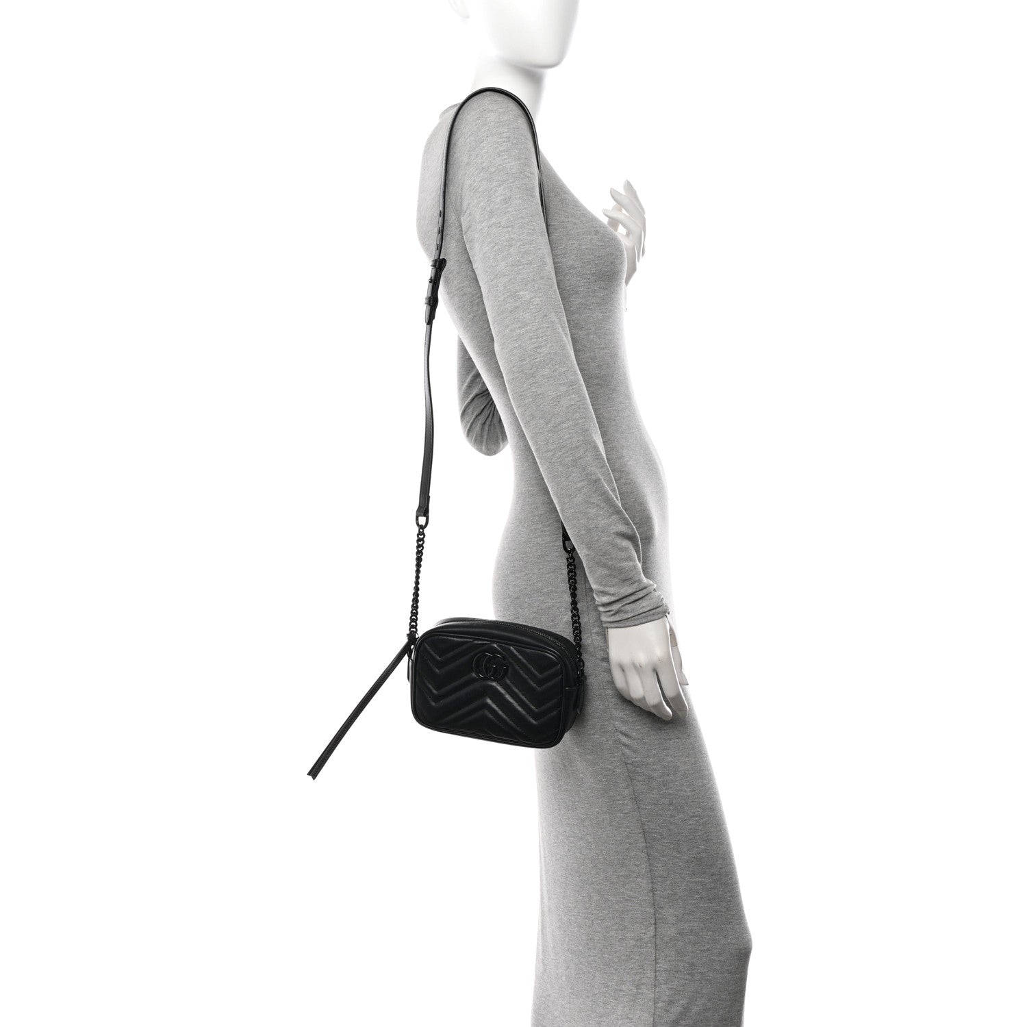 Gucci Calfskin Matelasse Monochrome Mini GG Marmont Chain Shoulder Bag Black 2 of 9