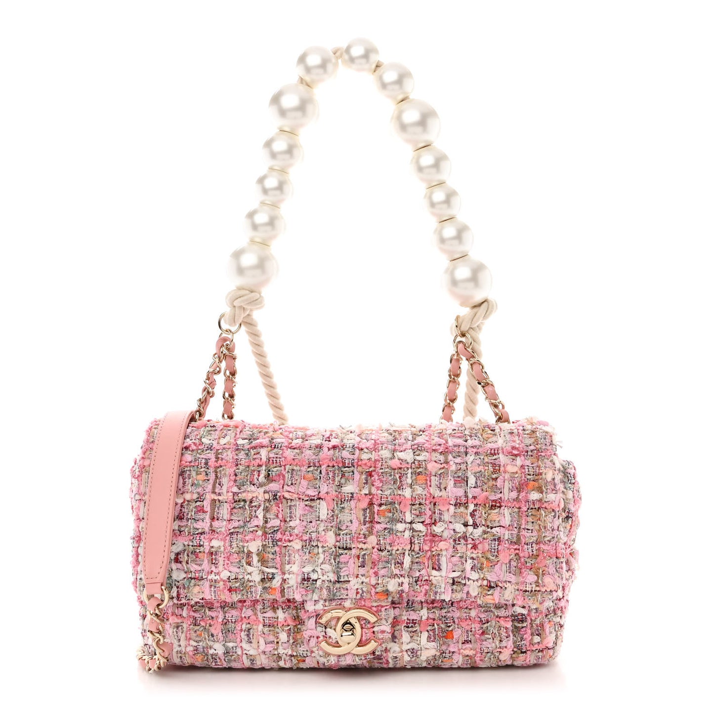 Tweed Medium Pearl Handle Flap Pink Beige Orange Ecru