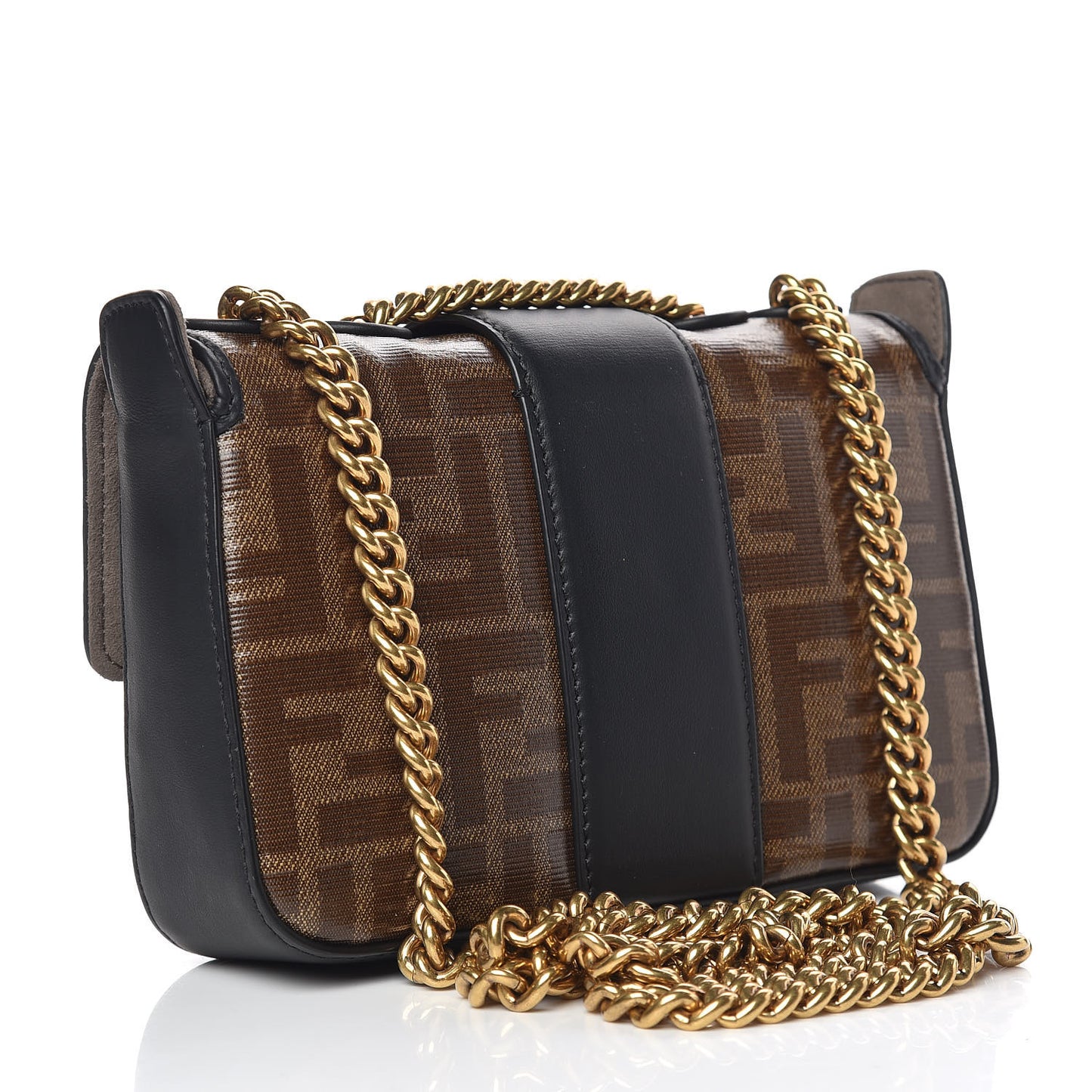 Glazed Fabric Vitello Century FF 1974 Stamp Patch Mini Double F Crossbody Bag Mogano Panna Black