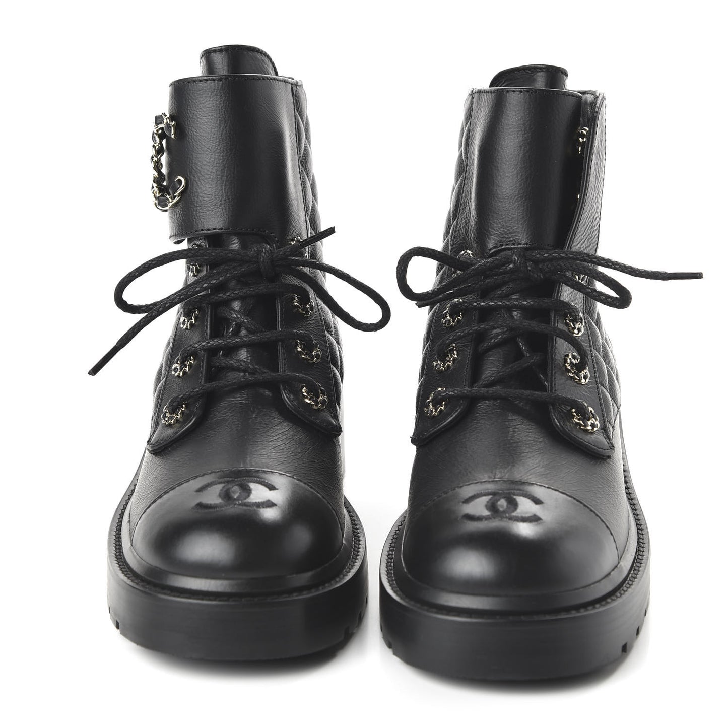 Shiny Goatskin Calfskin Quilted Lace Up Combat Boots 38.5 Black
