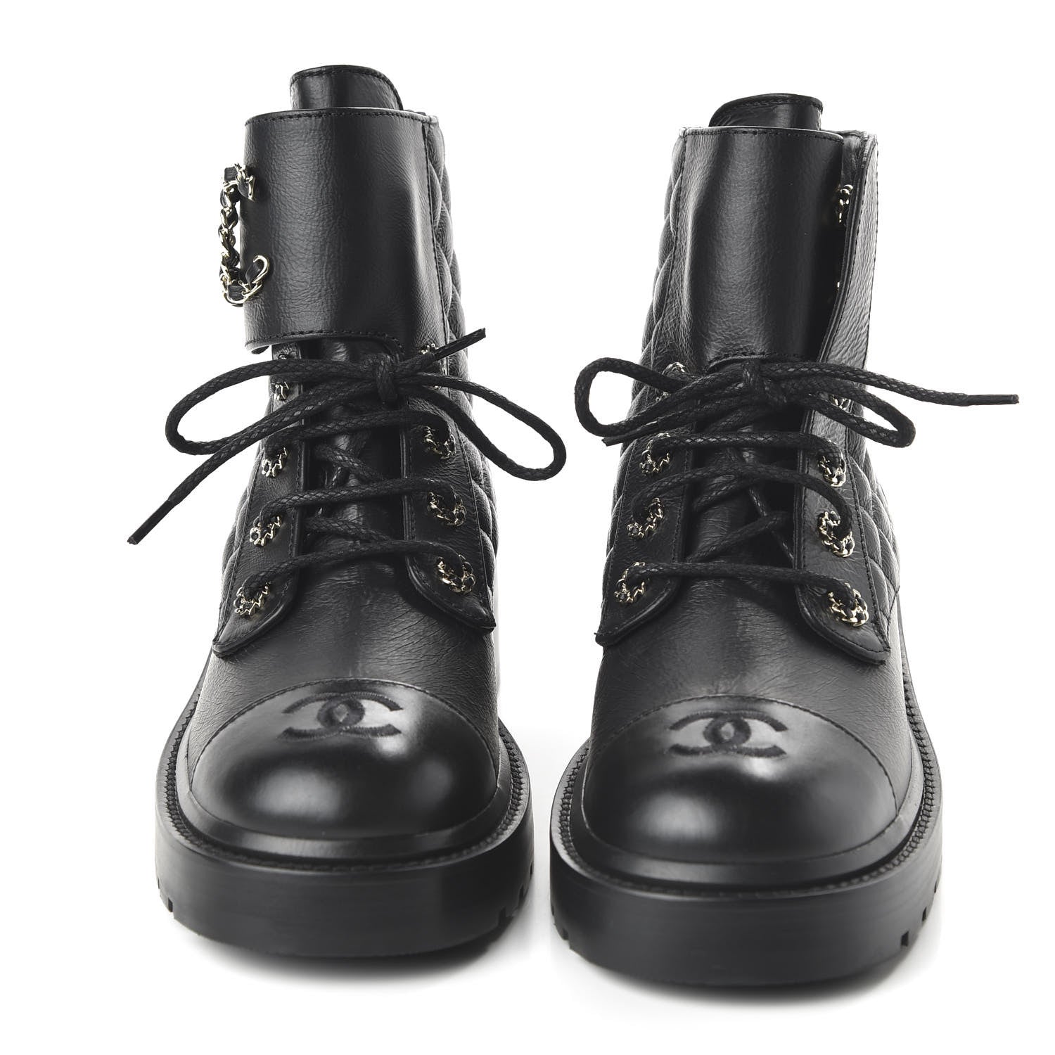 Chanel Shiny Goatskin Calfskin Quilted Lace Up Combat Boots 38.5 Black 2 of 9