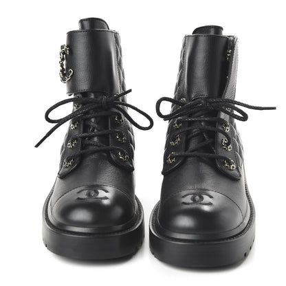 Chanel Shiny Goatskin Calfskin Quilted Lace Up Combat Boots 38.5 Black 2 of 9