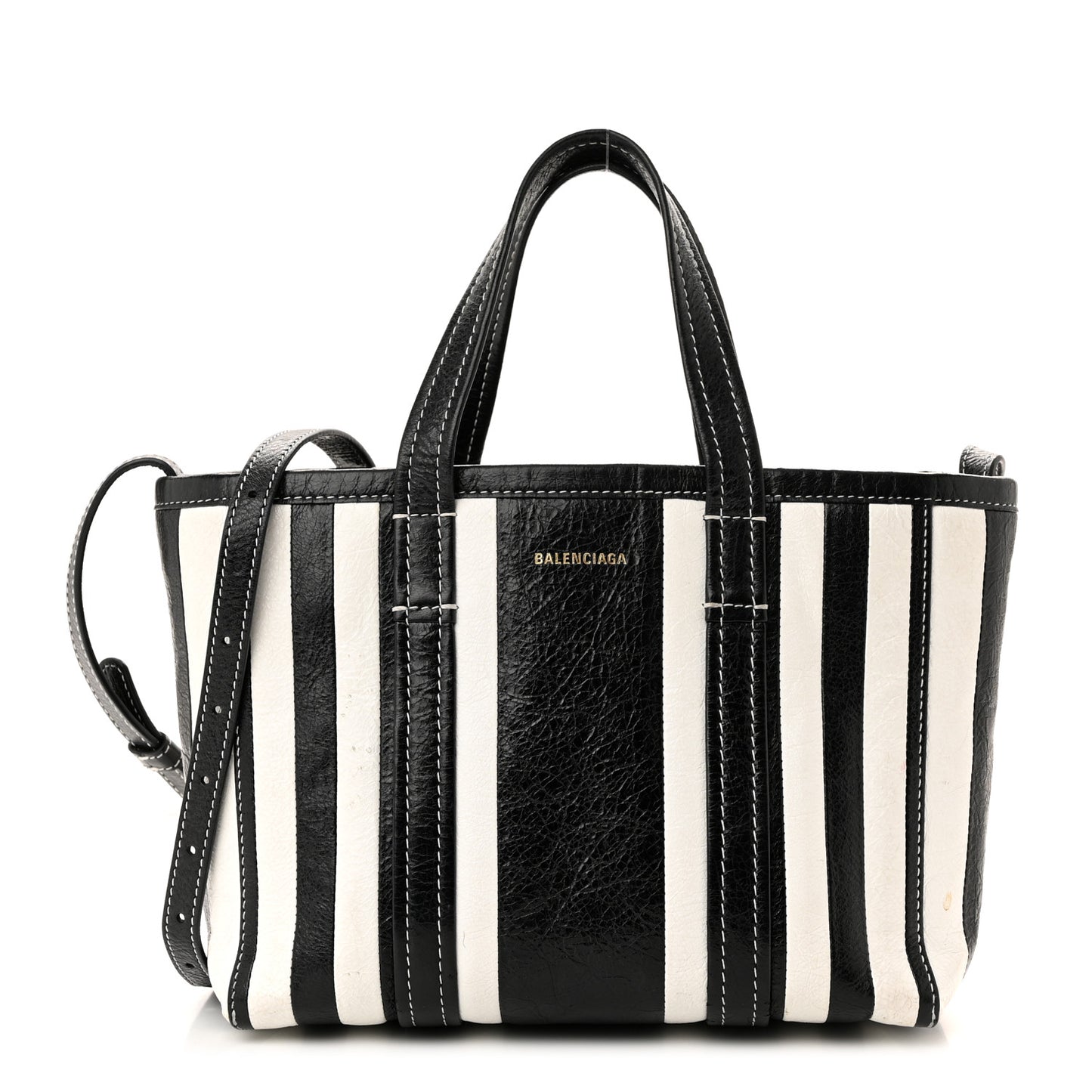 Agneau Arena Striped Patchwork Small Barbes East West Shopper Black White