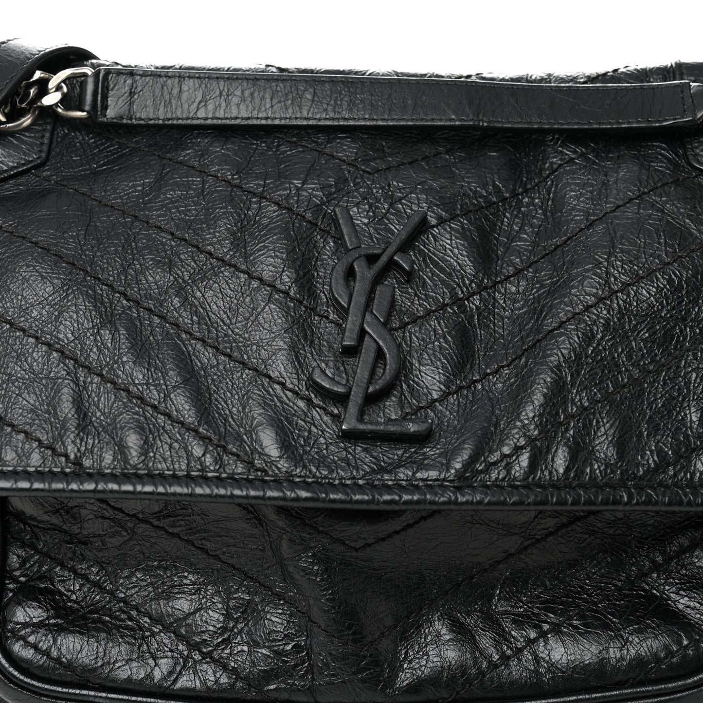 Crinkled Calfskin Matelasse Monogram Medium Niki Chain Satchel Black