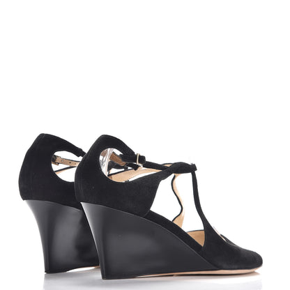 Jimmy Choo Suede Patent Verena Peep Toe Wedge Sandals 38 Black 4 of 9