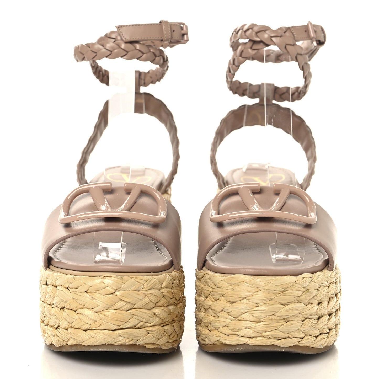 Pebbled Calfskin VLogo Ankle Wrap Espadrille 45/90mm Platform Wedge Sandals 37.5 Poudre