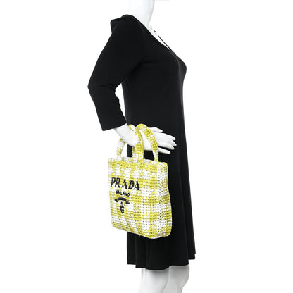 Prada Yarn Raffia Effect Crochet Embroidered Small Logo Tote Citron Yellow 2 of 10