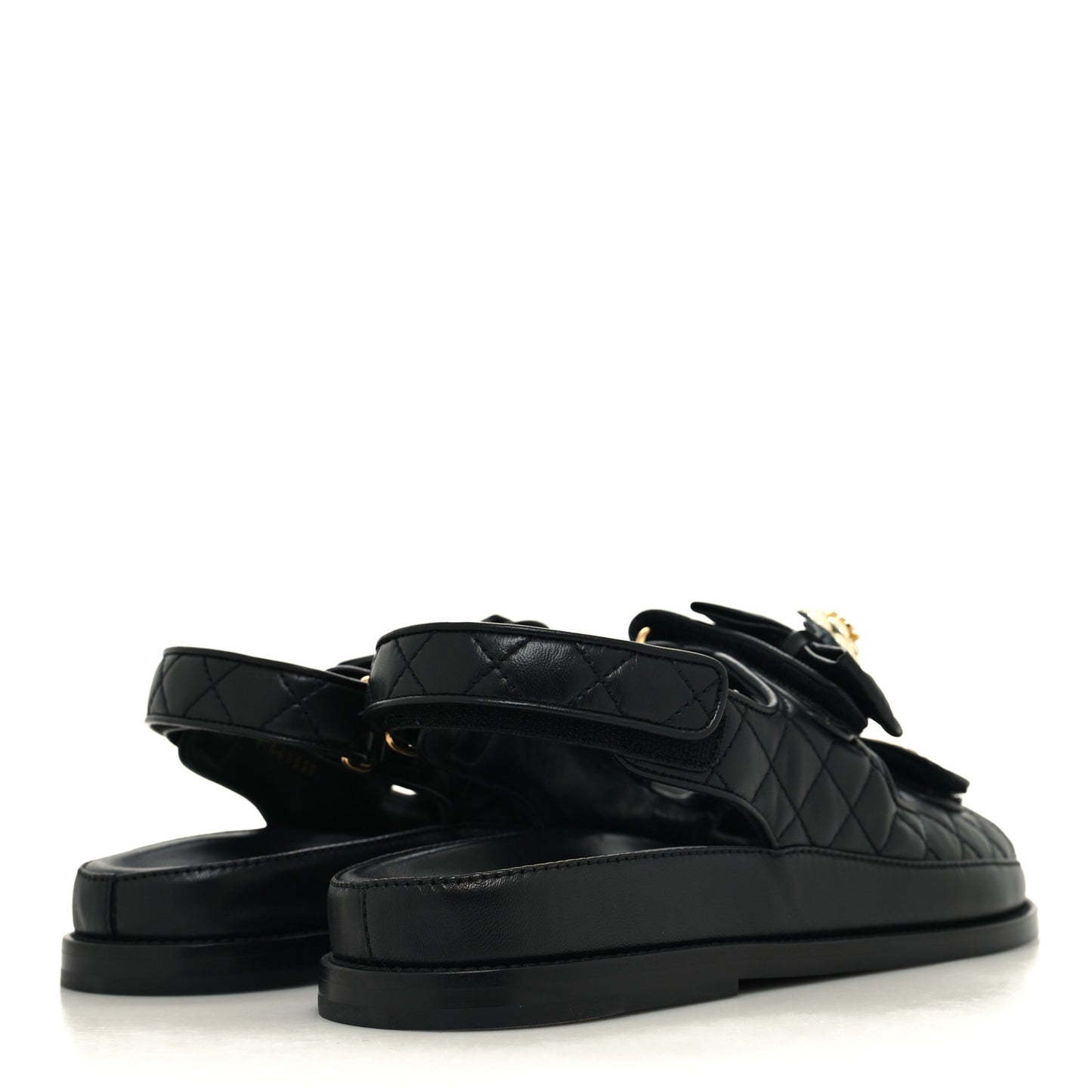 Lambskin Velcro CC Crystal Pearl Bow Dad Sandals 41.5 Black