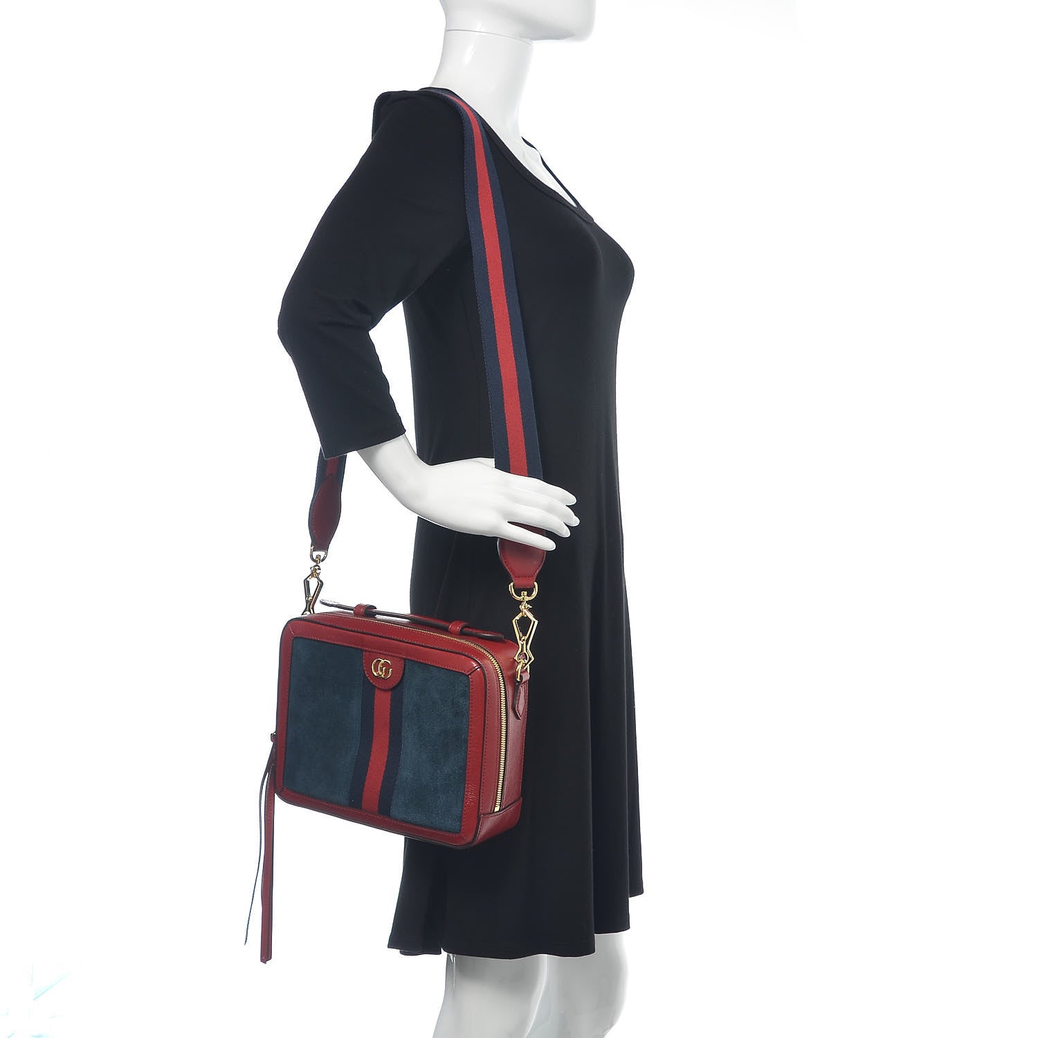 Gucci Suede Calfskin Web Small Ophidia Top Handle Shoulder Bag New Blue Romantic Cherry 2 of 14