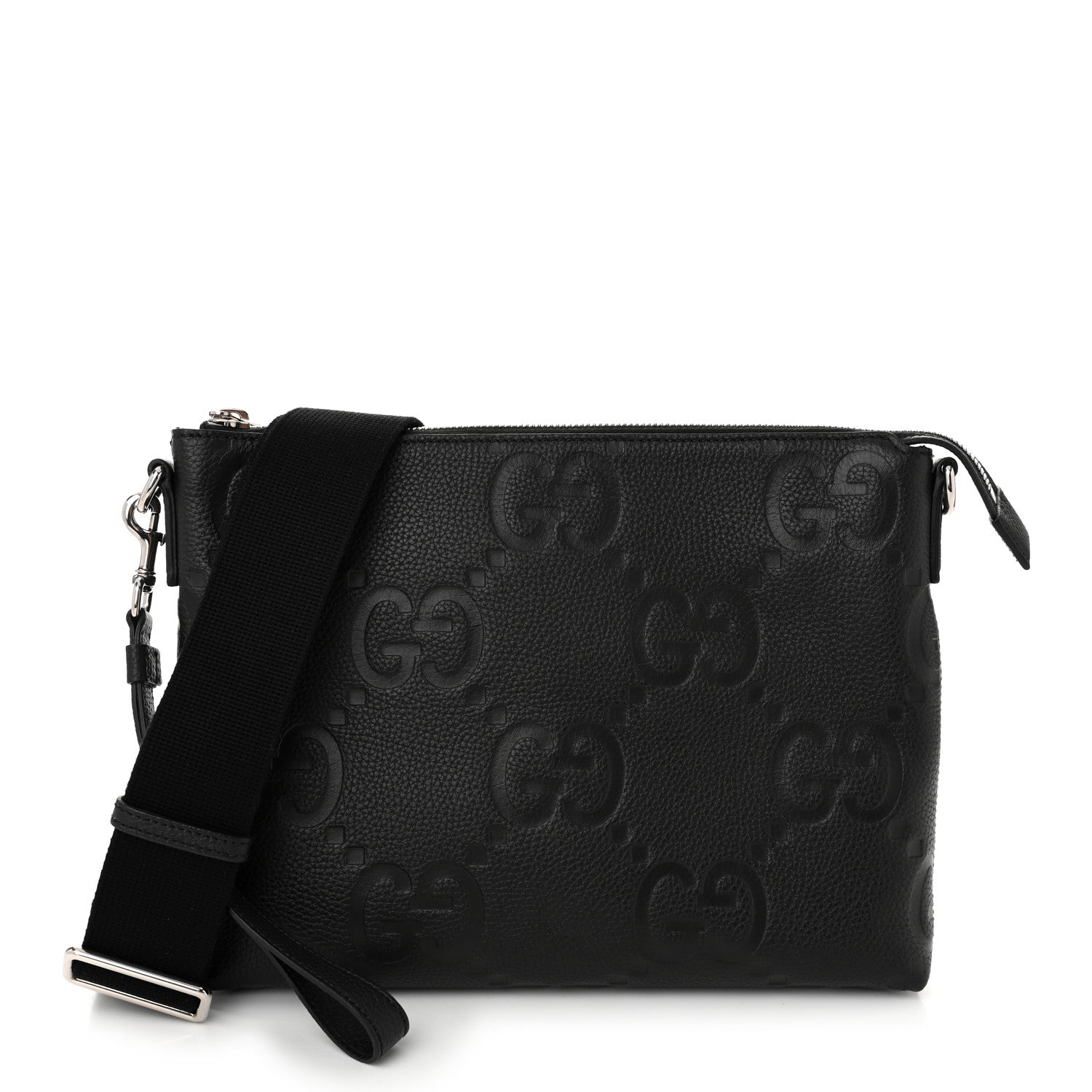 Gucci Piuma Calfskin Jumbo GG Embossed Medium Wristlet Messenger Bag Black 1 of 10