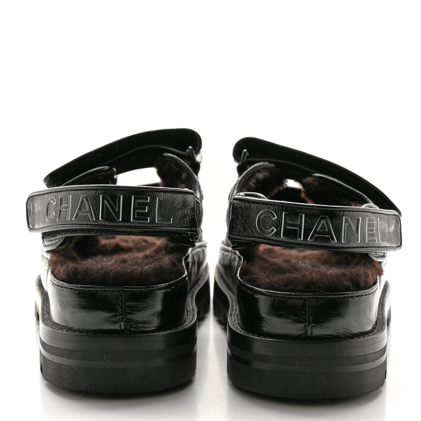 Laminated Lambskin Shearling Crystal CC Velcro Dad Platform Sandals 36 Black