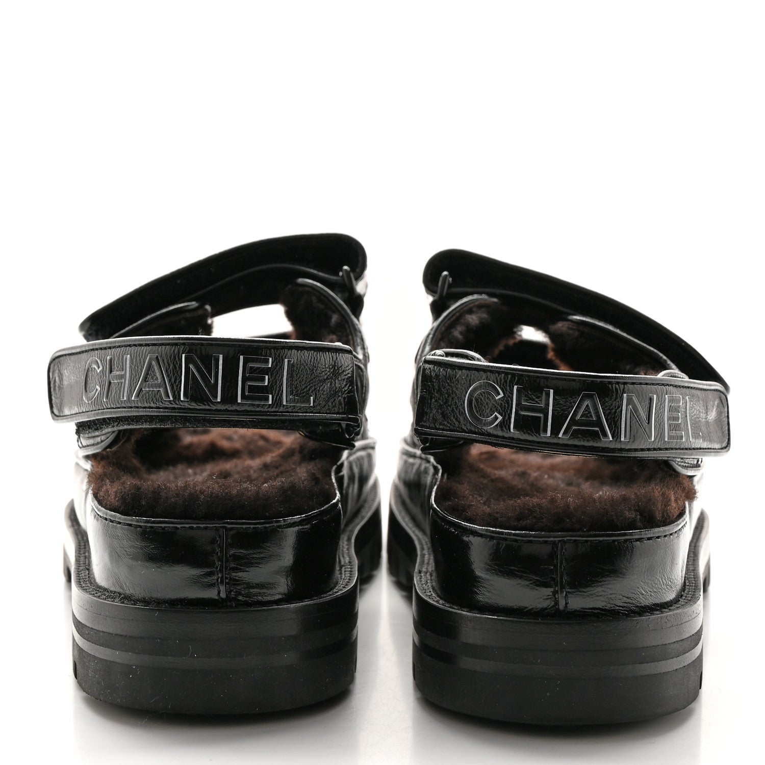 Chanel Laminated Lambskin Shearling Crystal CC Velcro Dad Platform Sandals 36 Black 5 of 12
