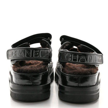 Chanel Laminated Lambskin Shearling Crystal CC Velcro Dad Platform Sandals 36 Black 5 of 12