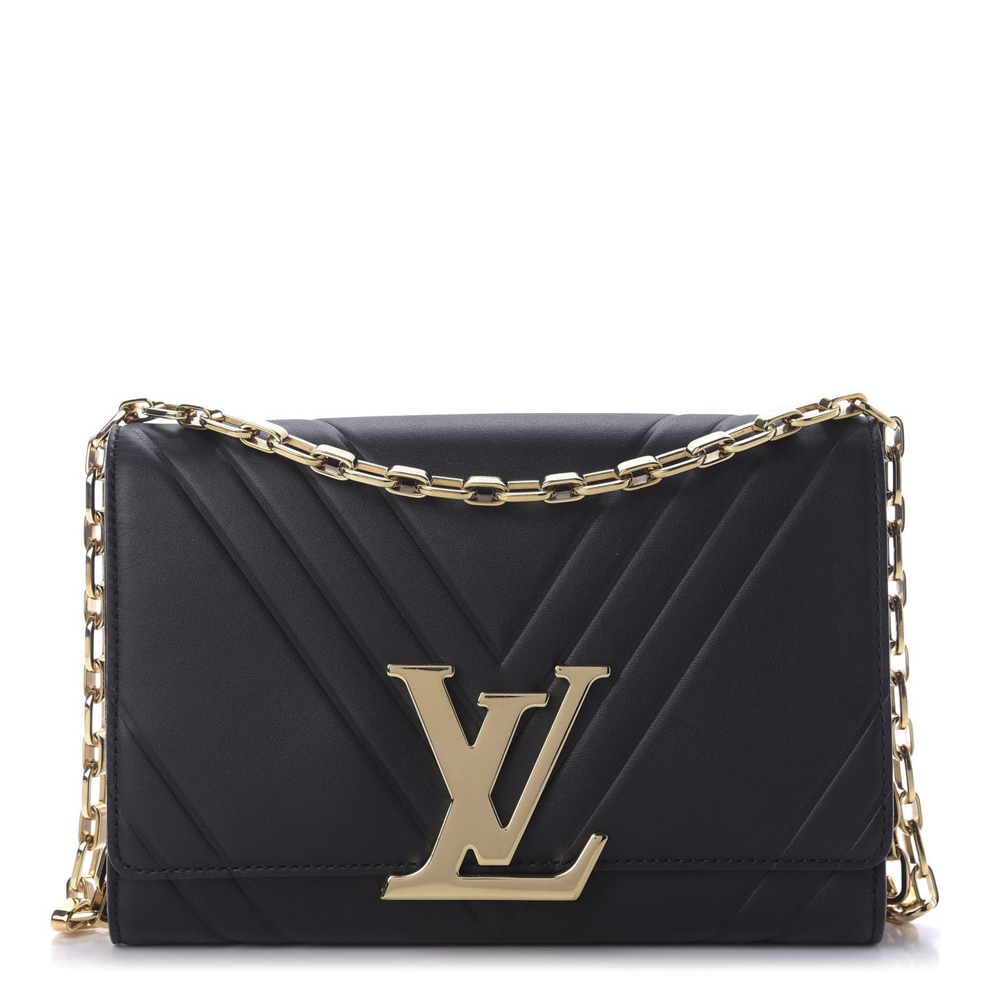 Calfskin Airy V Embossed Pochette Chain Louise GM Black