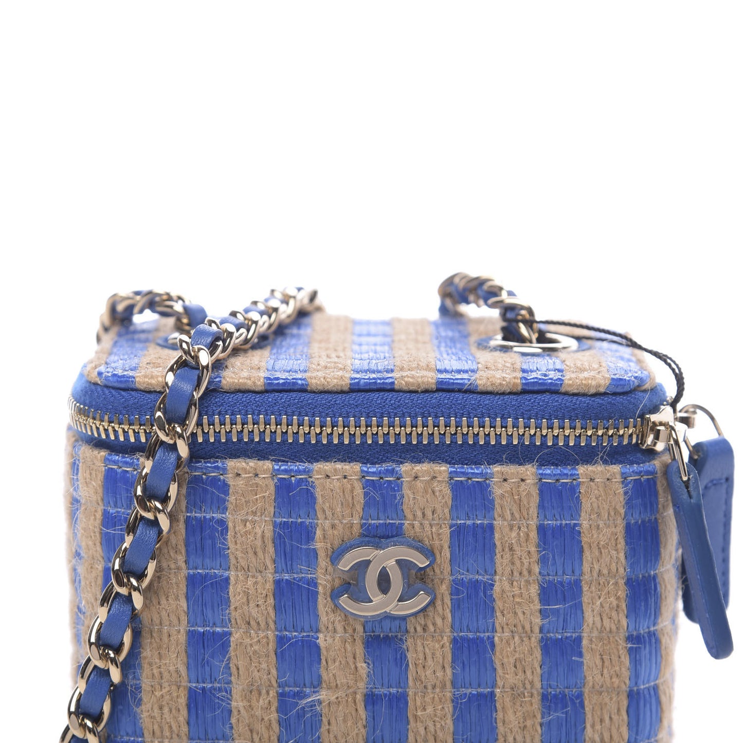 Raffia Jute Striped Mini Vanity Case With Chain Blue Beige