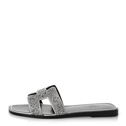 Hermes Velvet Goatskin Crystal Beads Oran Sandals 37 Gris Argente 1 of 13