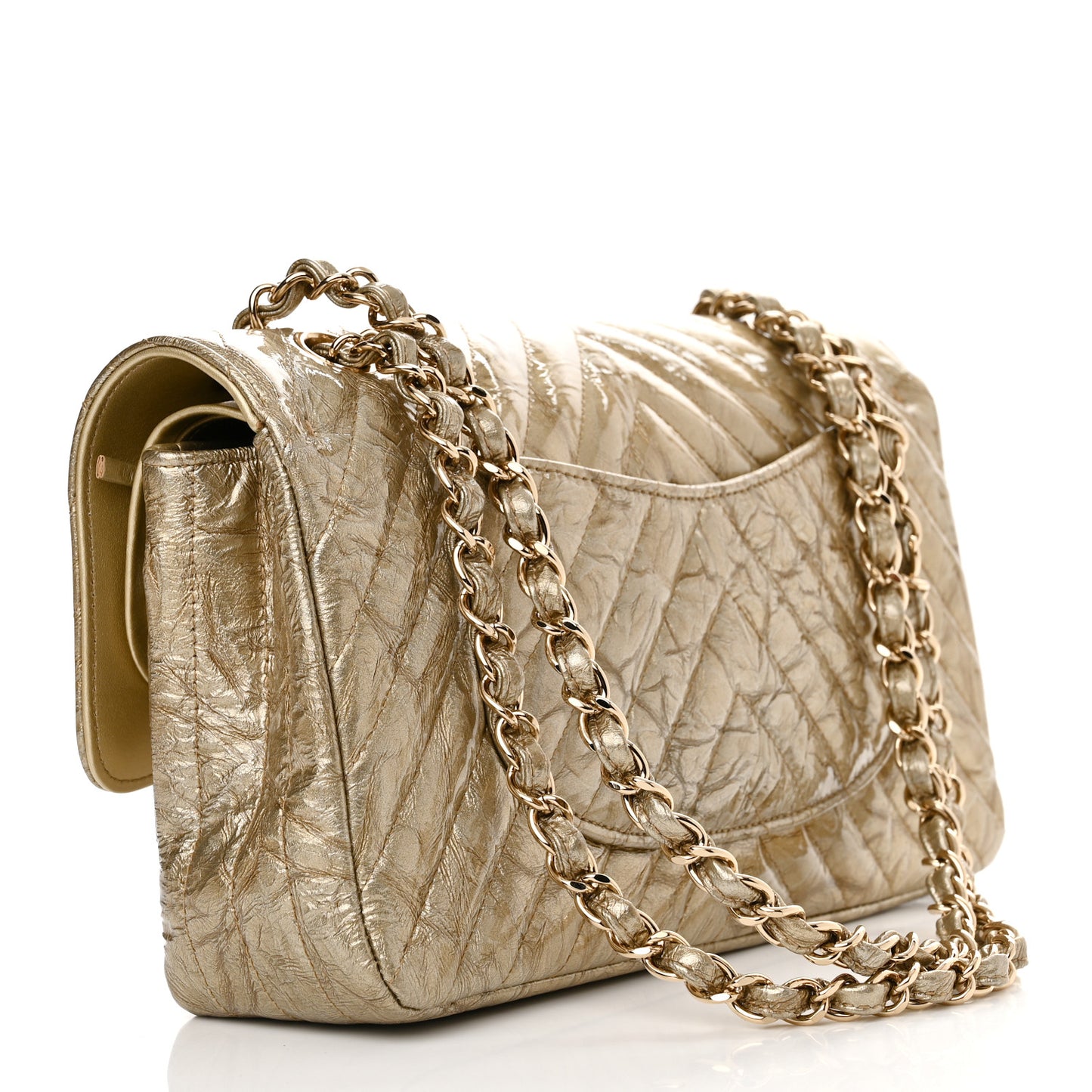 Metallic Patent Crumpled Calfskin Chevron Quilted Medium Double Flap Gold