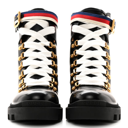Gucci Calfskin Sylvie Web Womens Lace Up Combat Boots 36.5 Black 2 of 10
