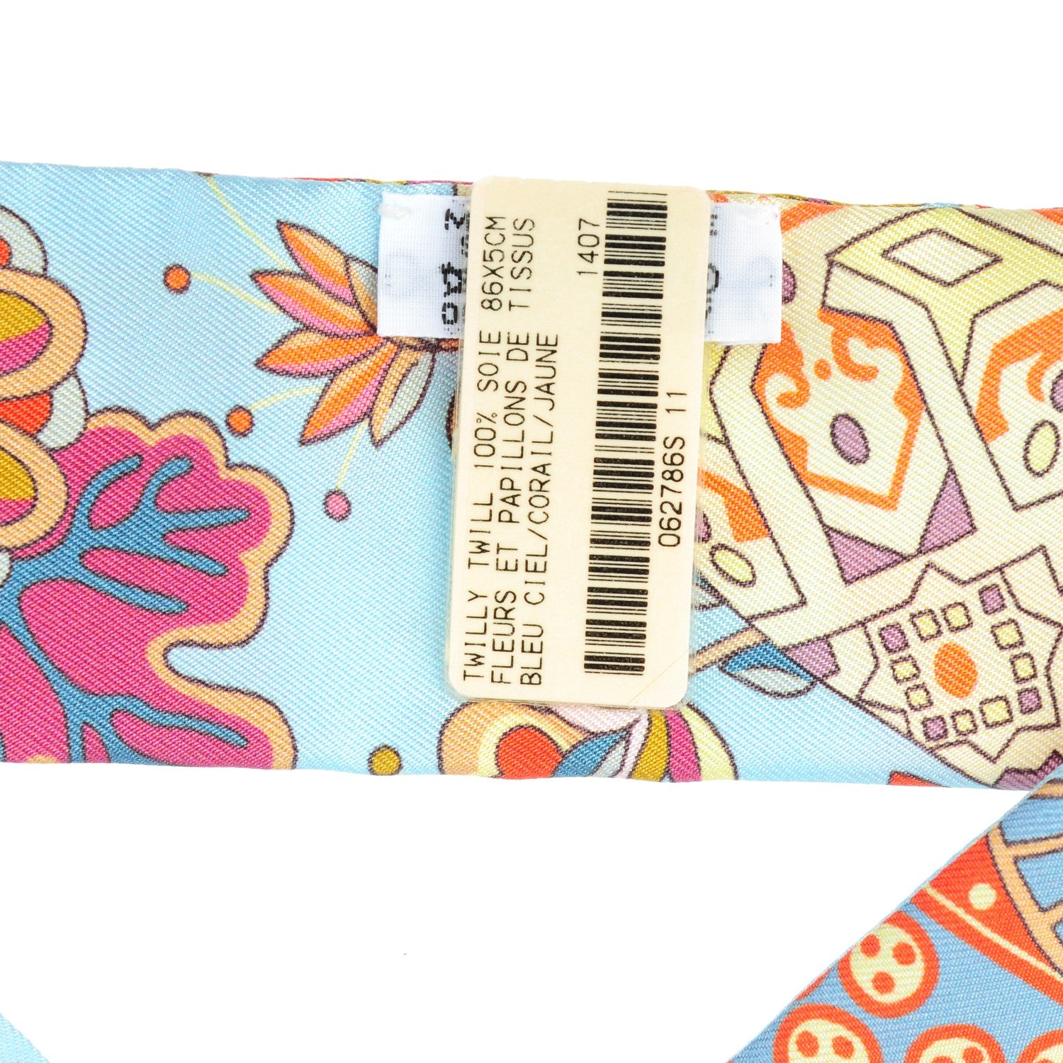 Hermes Silk Fleurs et Papillons de Tissus Twilly Bleu Ciel Corail Jaune 3 of 7