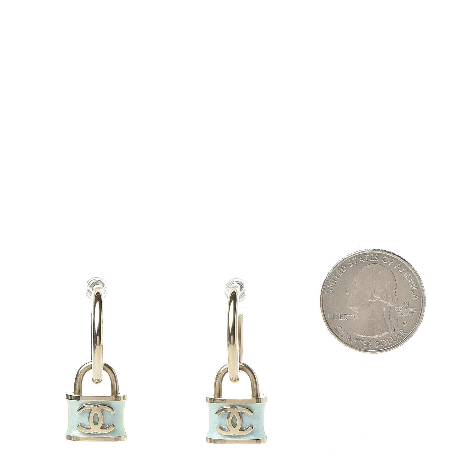 Chanel Resin Glitter Padlock CC Hoop Earrings Blue Gold 2 of 5