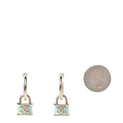 Chanel Resin Glitter Padlock CC Hoop Earrings Blue Gold 2 of 5
