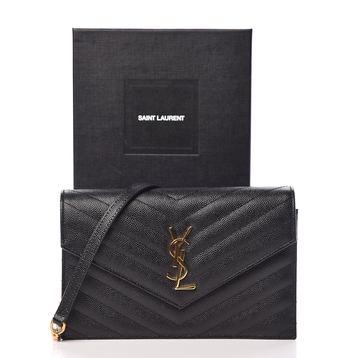 Grain De Poudre Matelasse Chevron Monogram Envelope Chain Wallet Black