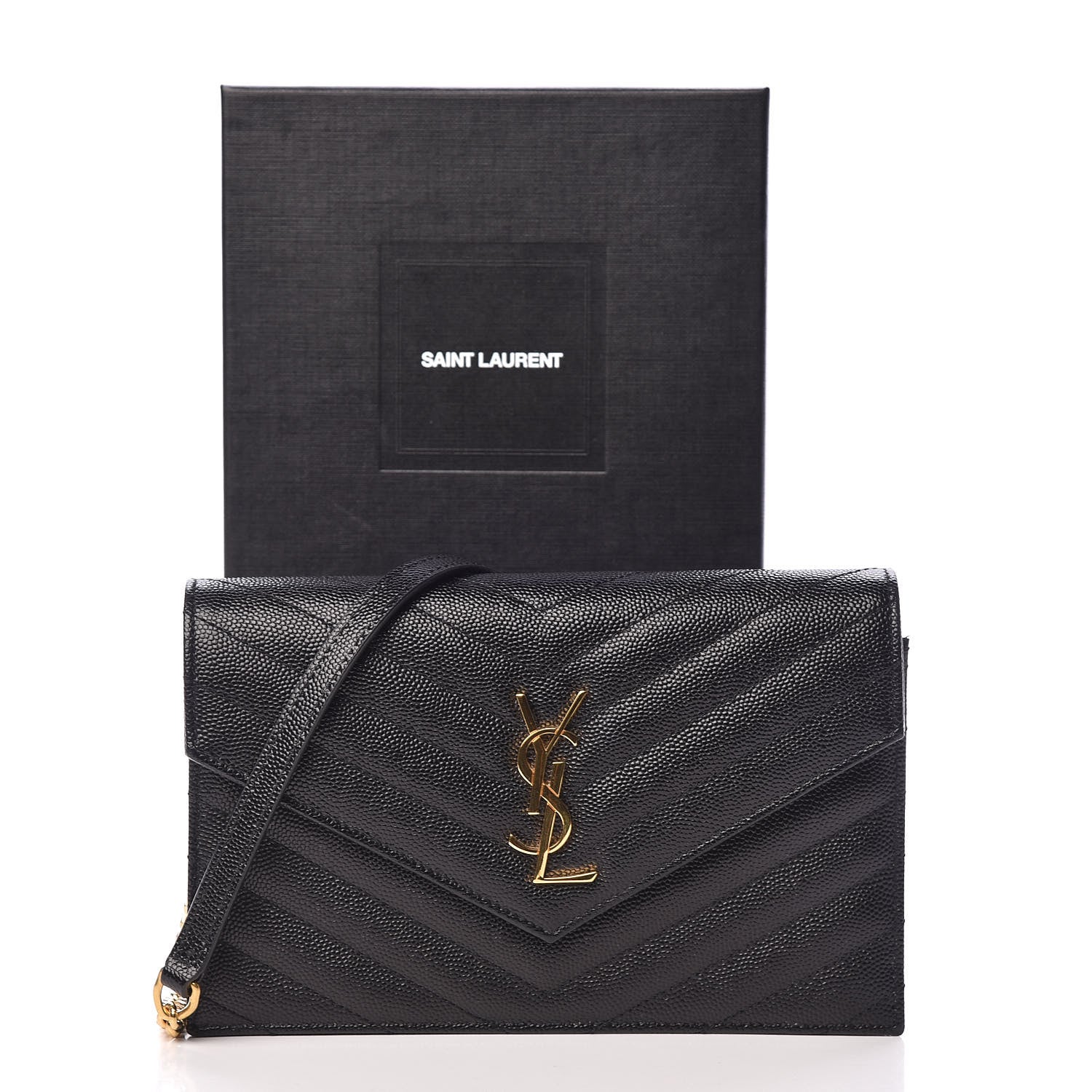 Saint Laurent Grain De Poudre Matelasse Chevron Monogram Envelope Chain Wallet Black 10 of 10