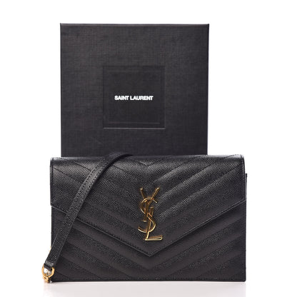 Saint Laurent Grain De Poudre Matelasse Chevron Monogram Envelope Chain Wallet Black 10 of 10