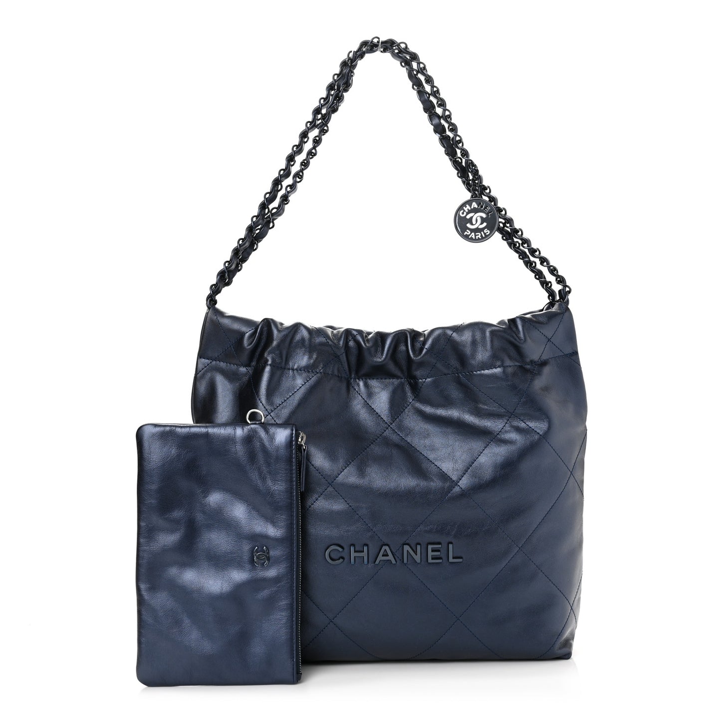 Metallic Calfskin Quilted Small Chanel 22 Navy Blue
