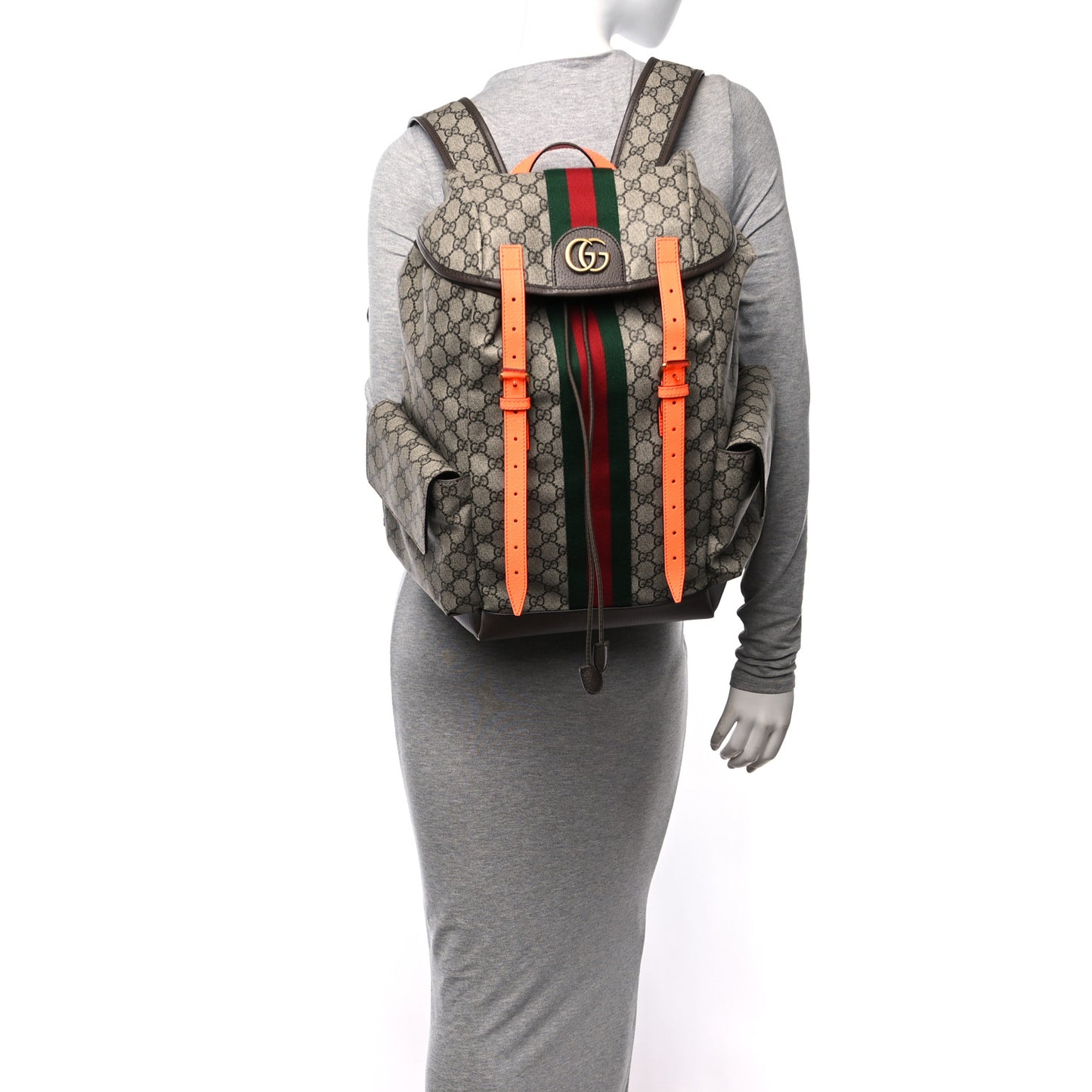 GG Supreme Monogram Medium Ophidia Double Buckle Backpack Beige Ebony Neon Orange