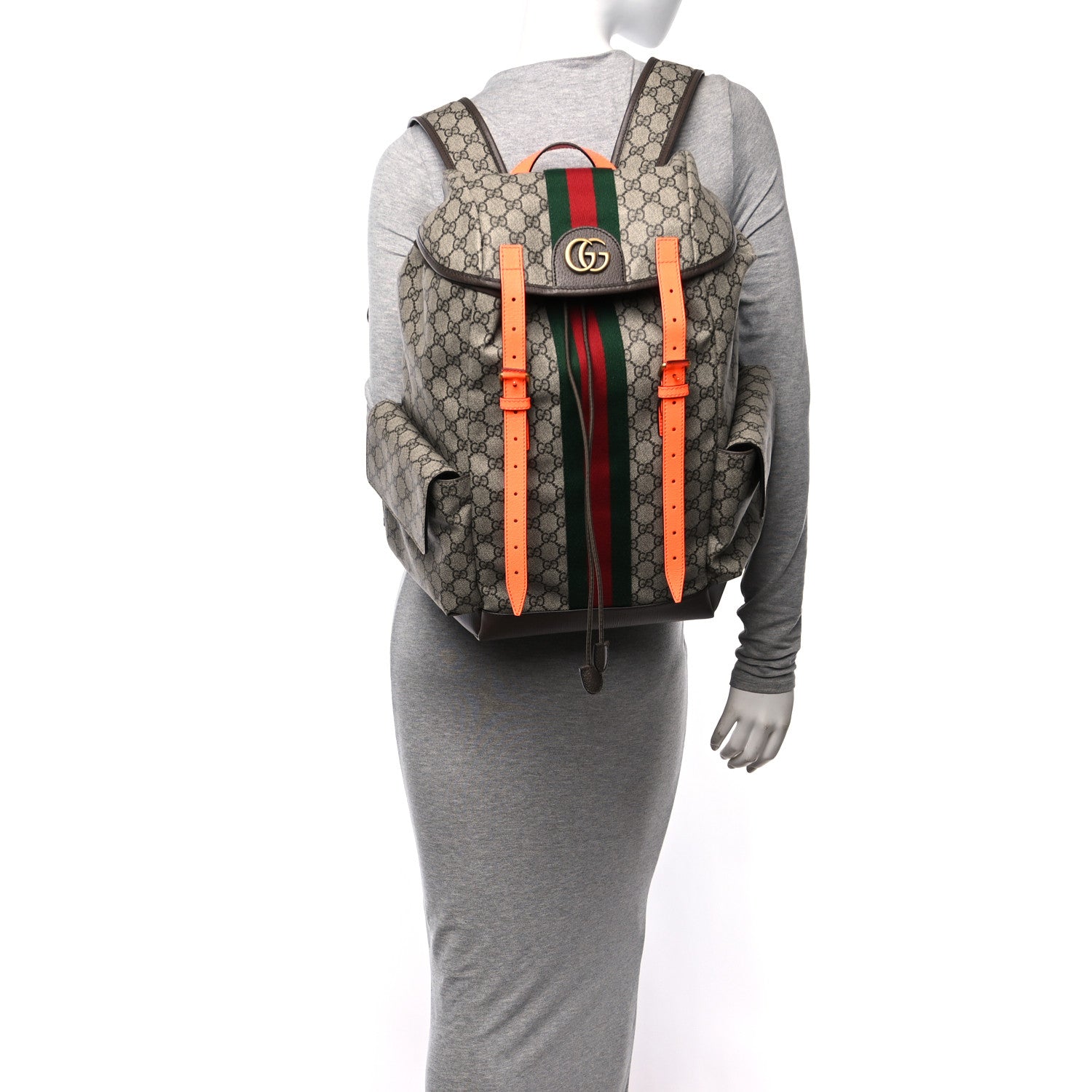 Gucci GG Supreme Monogram Medium Ophidia Double Buckle Backpack Beige Ebony Neon Orange 2 of 10