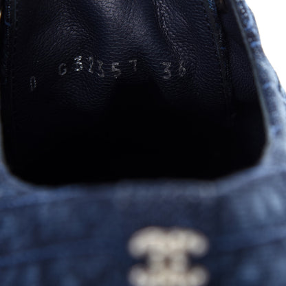 Chanel Denim Grosgrain Camellia Pearl Lace Up Sneakers 36 Blue Black 10 of 11
