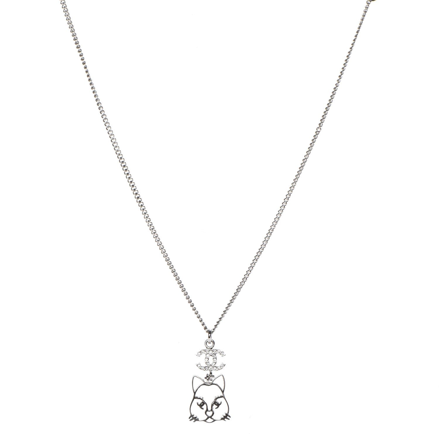 Chanel Crystal Emoji Choupette Cat Pendant Necklace Silver 1 of 5