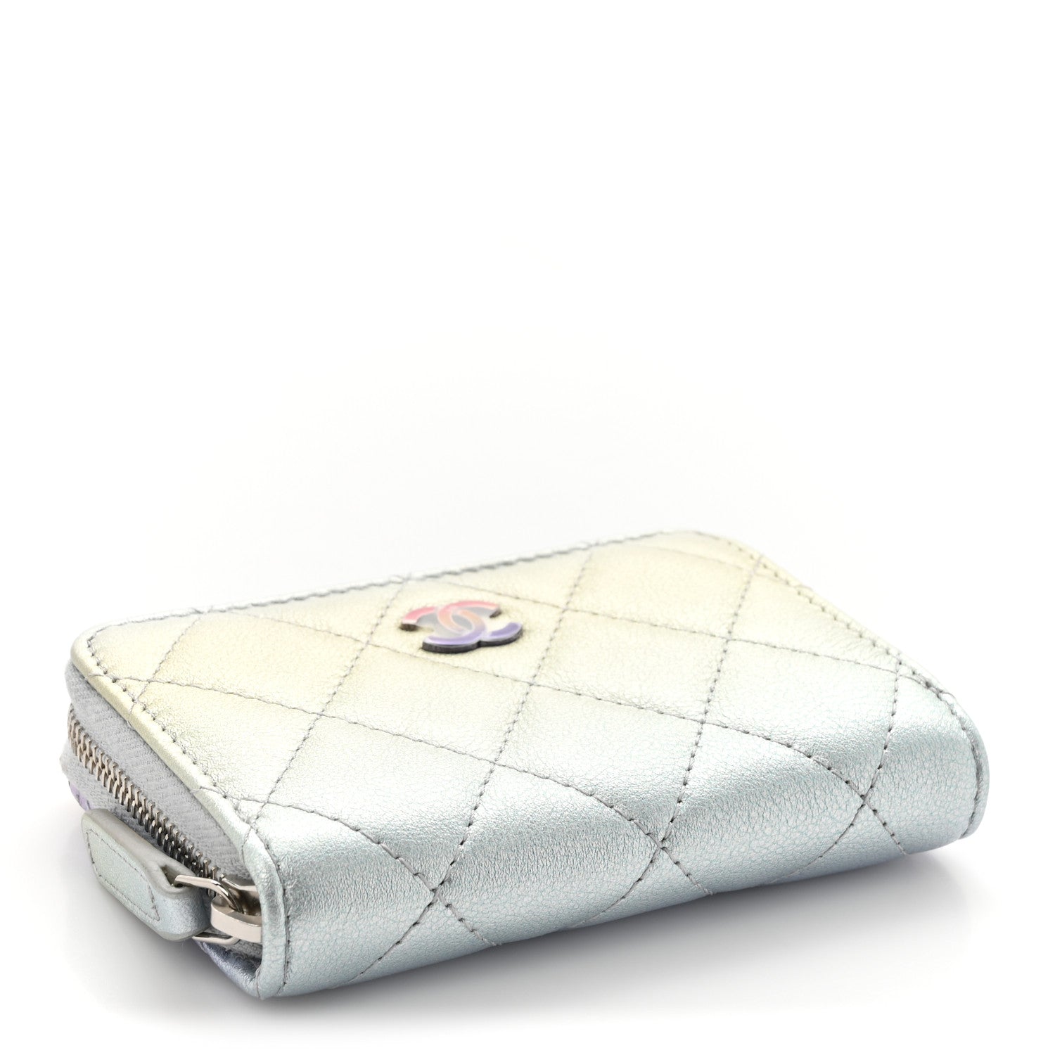 Chanel Gradient Metallic Calfskin Quilted Zip Around Coin Purse Wallet Silver Blue Yellow Purple 4 of 7