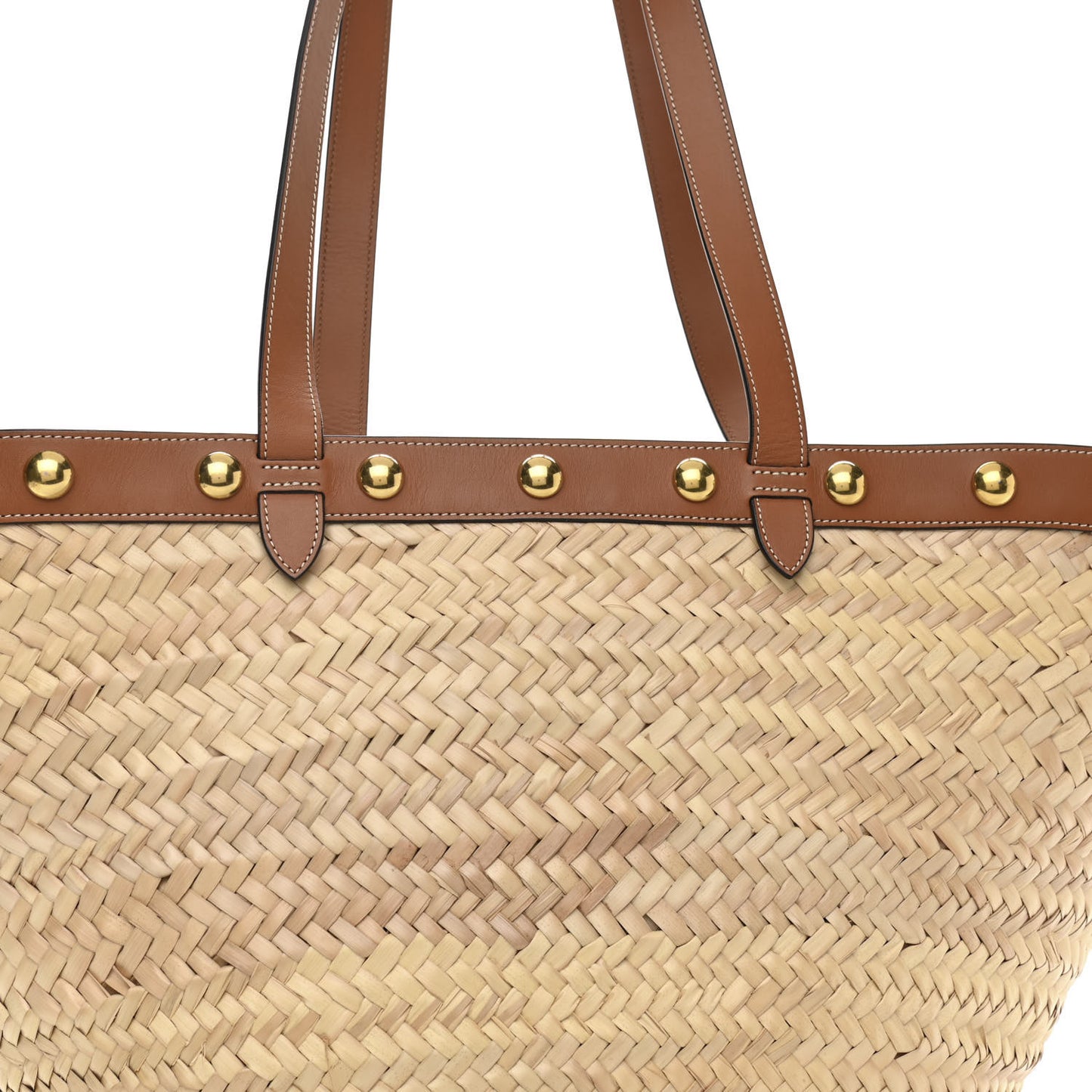 Raffia Calfskin Studs Basket Shoulder Bag Tote Tan