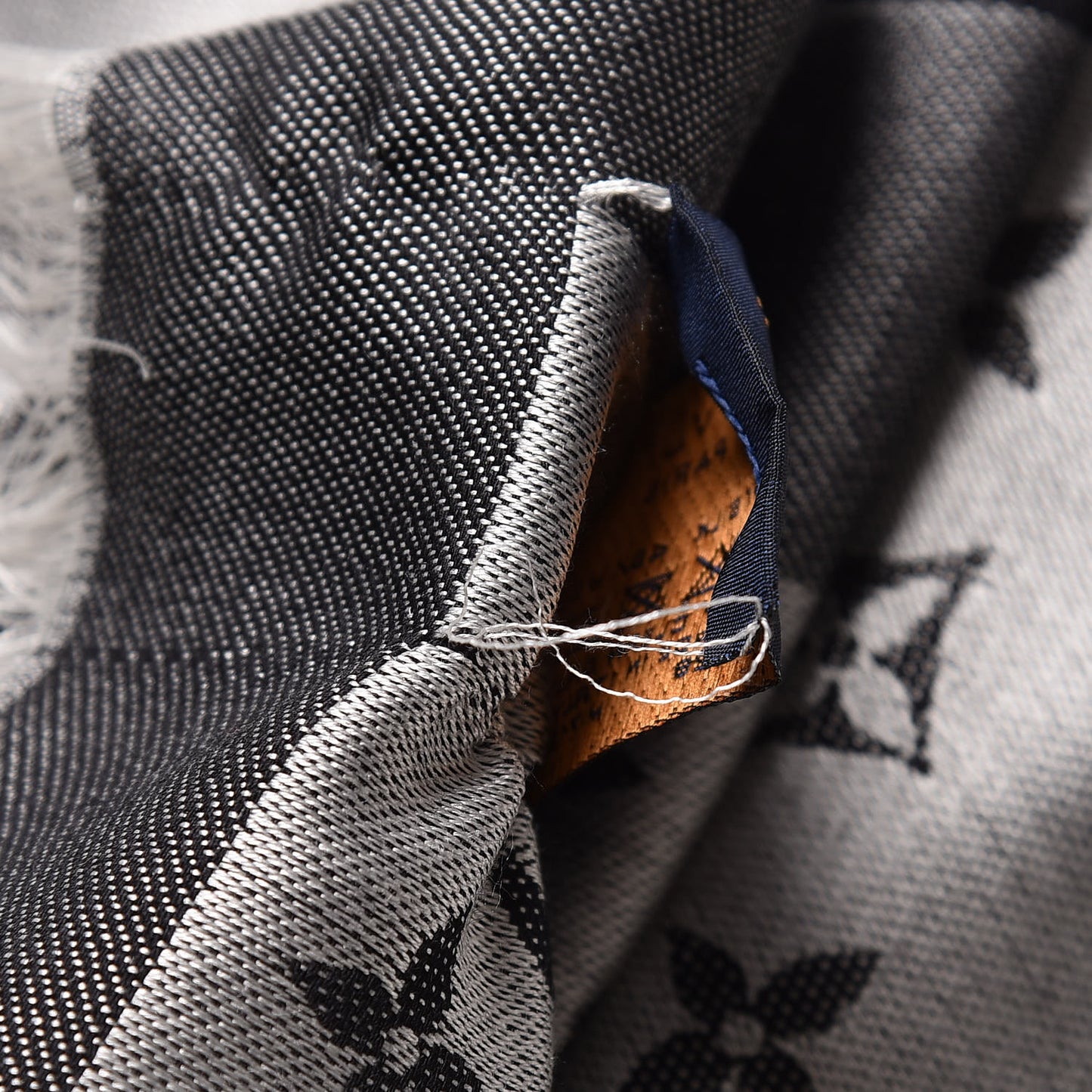 Wool Silk Monogram Denim Shawl Black