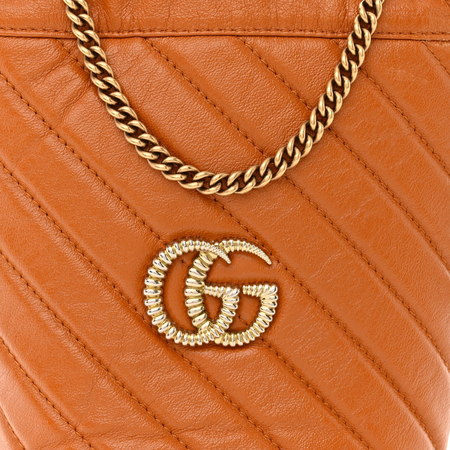Gucci Vintage Effect Calfskin Matelasse Diagonal Mini Torchon GG Marmont 2.0 Bucket Bag Cognac 8 of 11