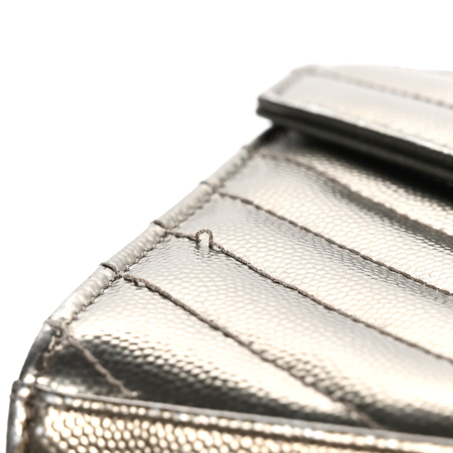 Metallic Grain De Poudre Matelasse Chevron Monogram Envelope Chain Wallet Piombo