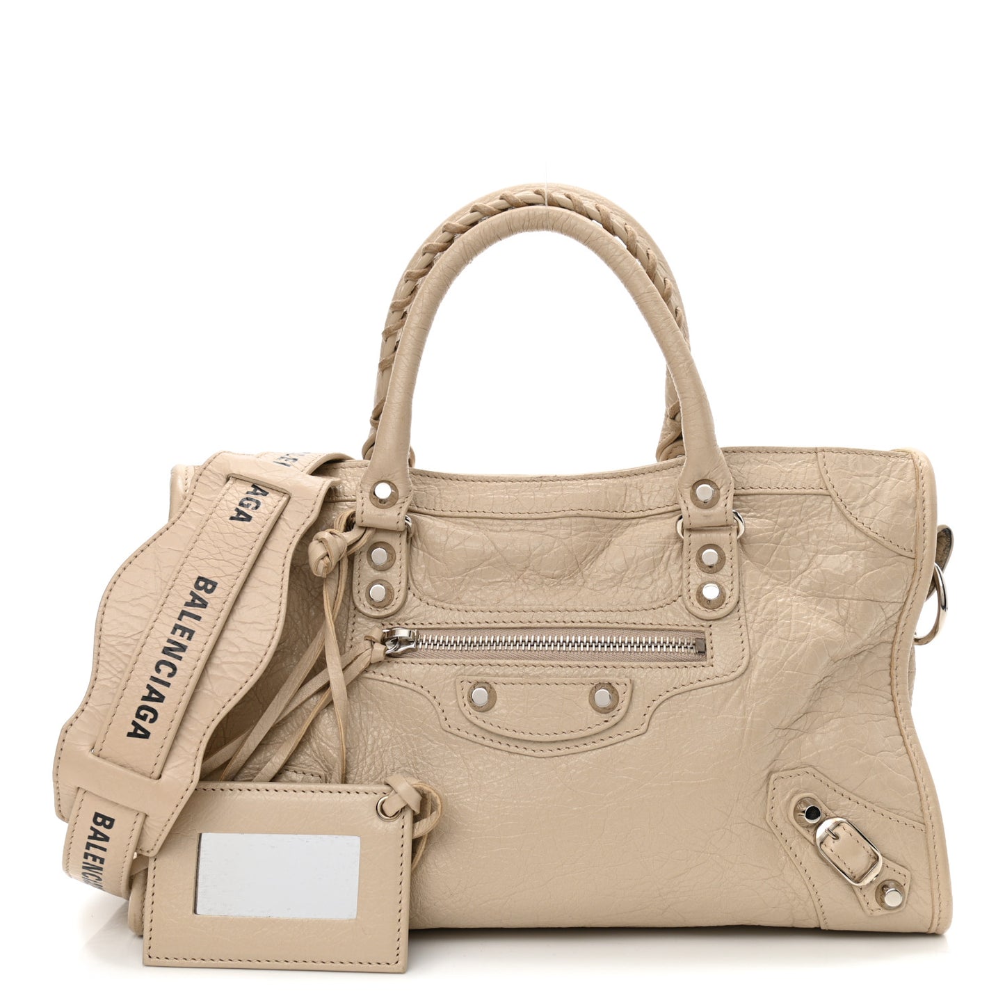 Agneau Classic Silver Hardware S City Logo Strap Light Beige Black
