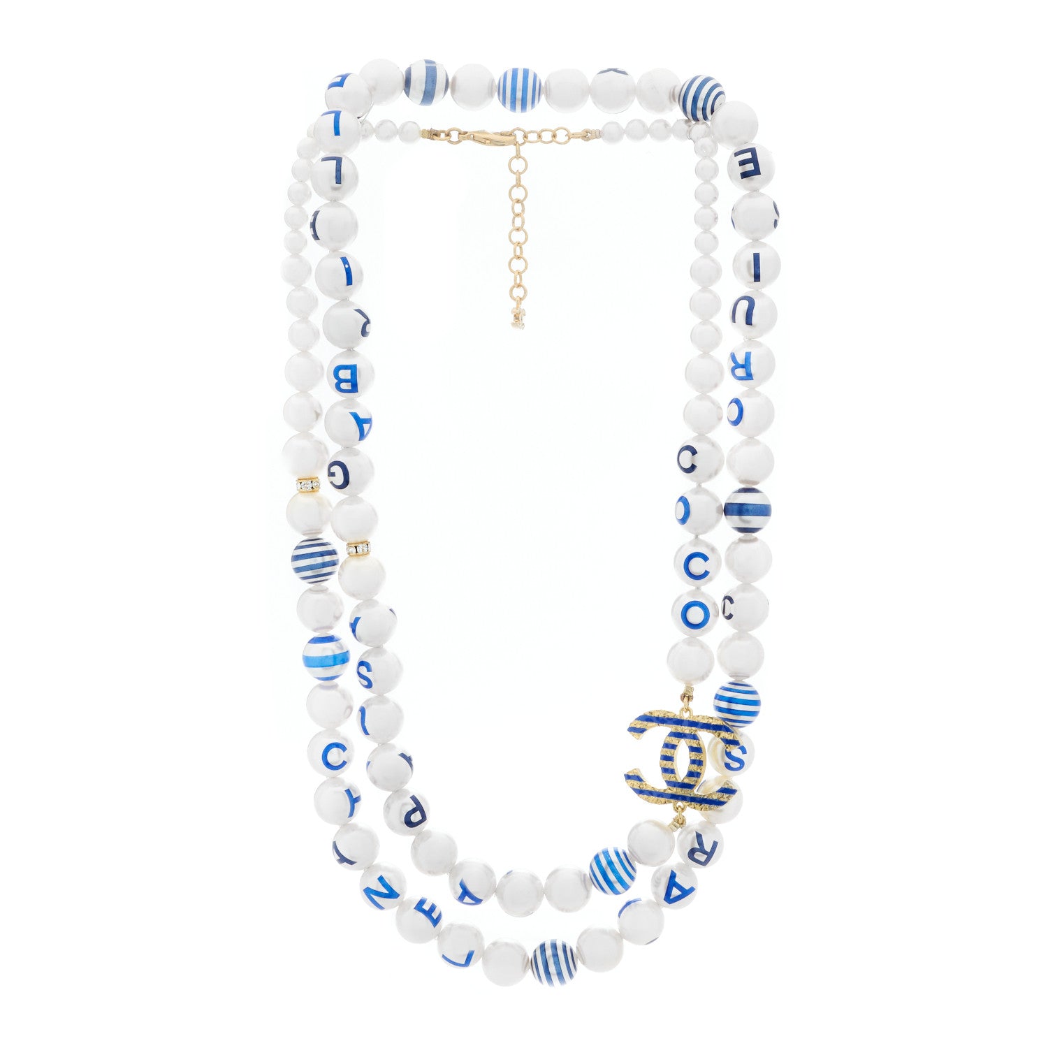 Chanel Resin Pearl Striped CC Necklace Blue Gold 2 of 5