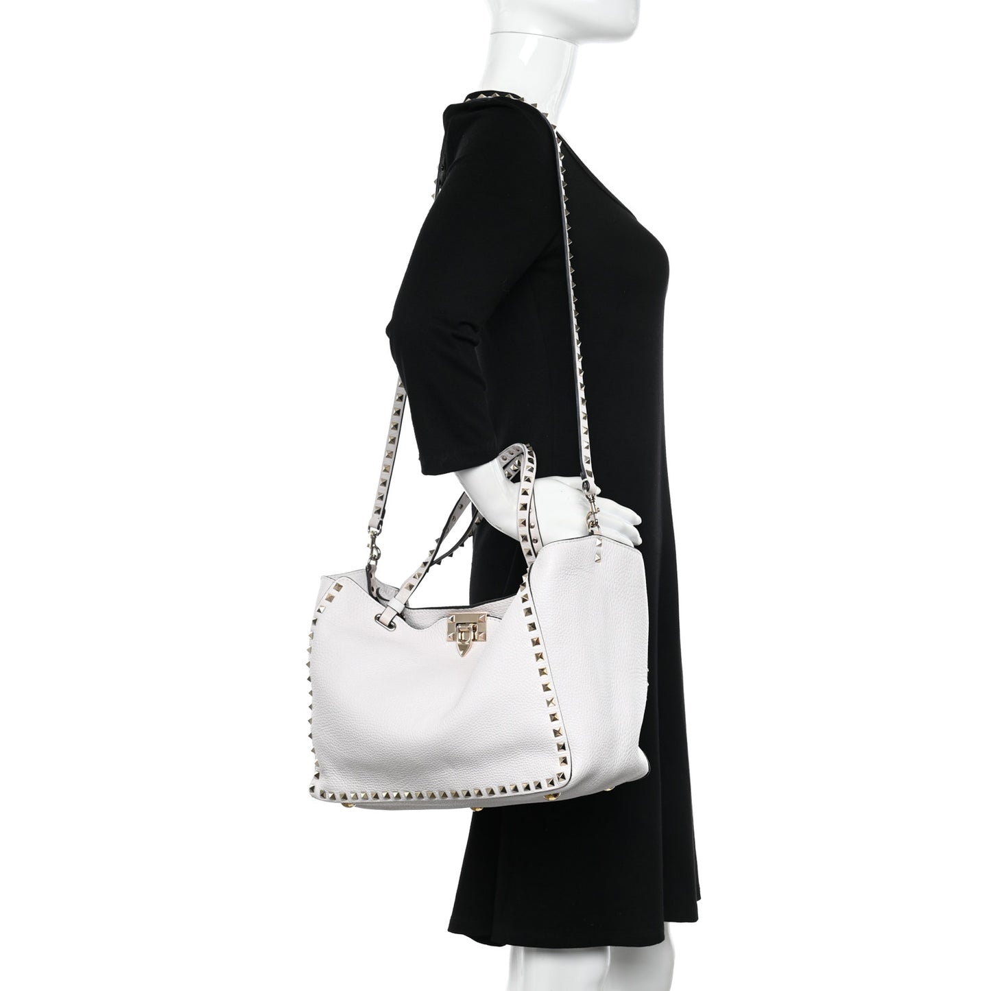 Pebbled Calfskin Medium Rockstud Tote White